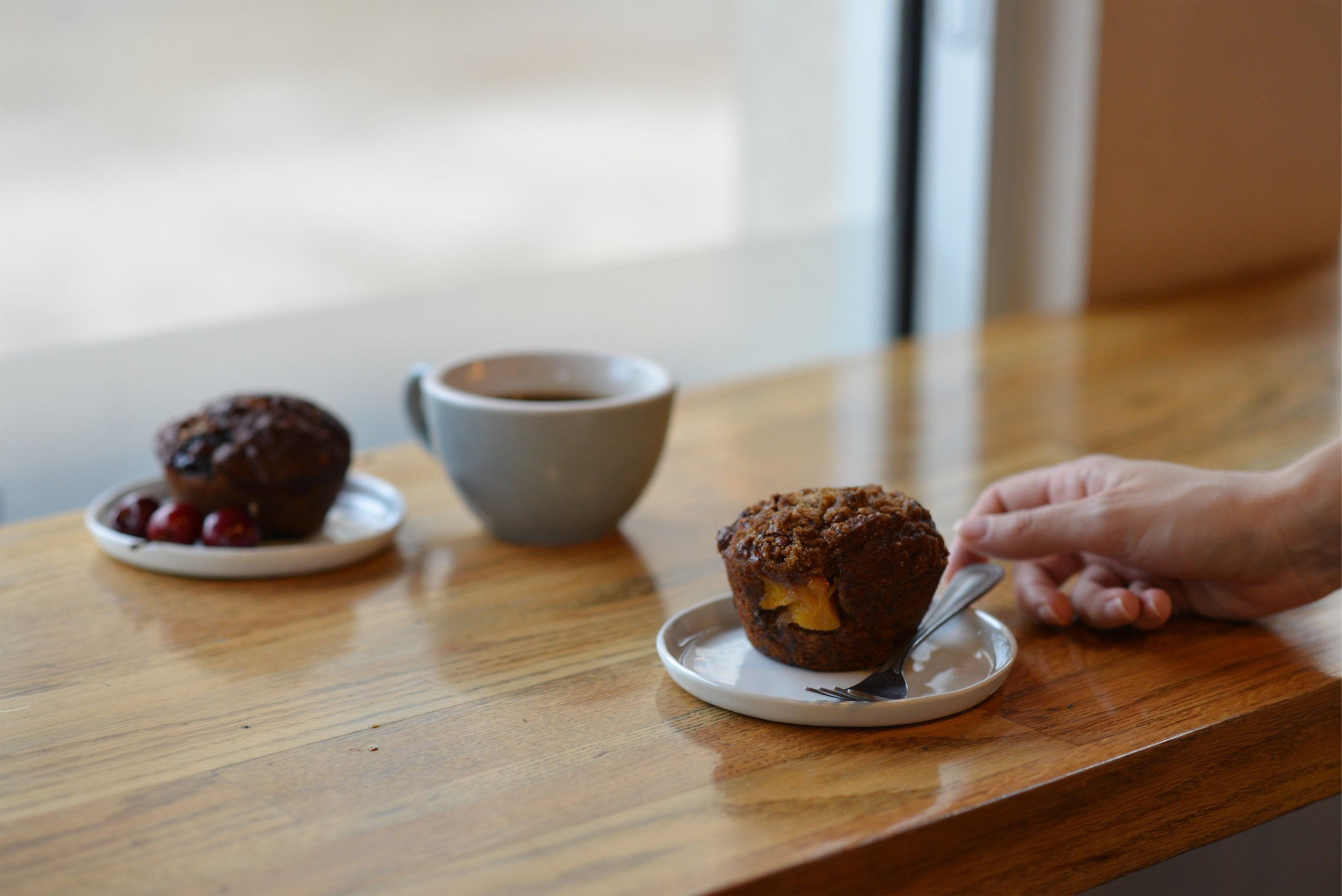 GF & Vegan Cherry Chocolate Muffin, Black Coffee, GF & Vegan Peach Muffin