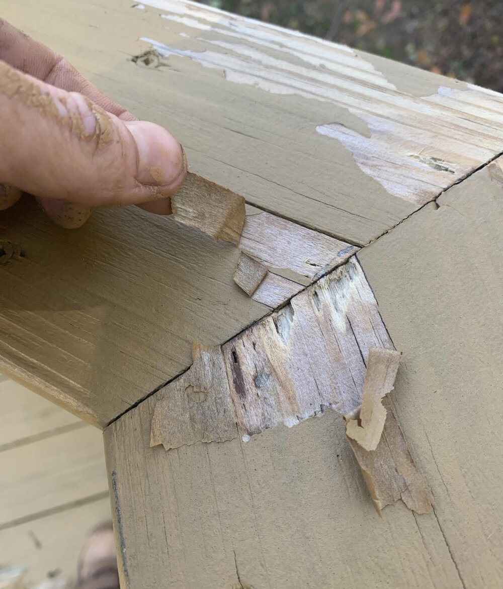 Moisture sealed in wood caused premature failure