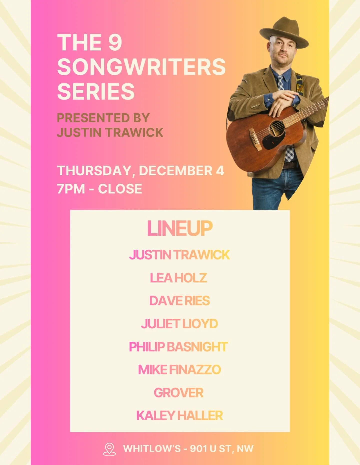 Grab your ticket 🎟️ at the link in bio and join us for a night of incredible live music with:
1. @justintrawick
2. @leaholzmusic
3. @daveries14
4. @julietlloydmusic
5. @philipbasnight
6. @grovertheband
7. @mikefinazzoisgood
8. @kaleyhollaaa