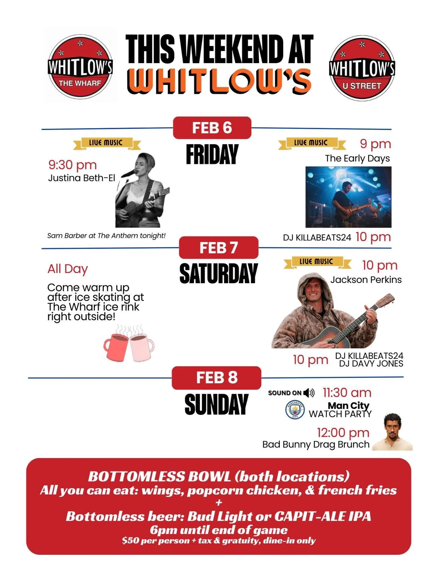 Live music all weekend, ending with a Bottomless Bowl party at both locations! 🏈🎶