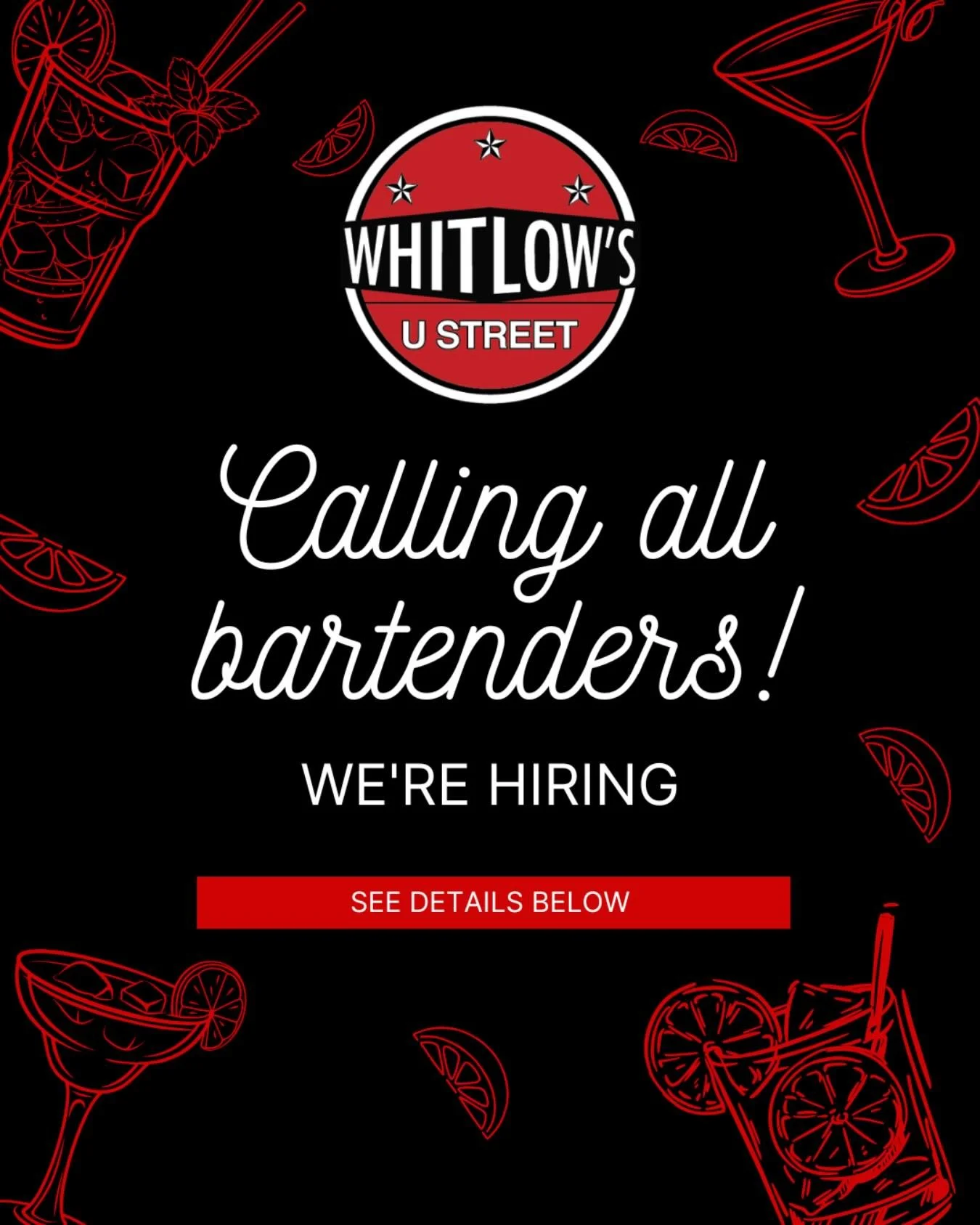 Send your resume to brendan@whitlows.com or apply in person Sunday through Thursday from 5-9 PM. 🍻