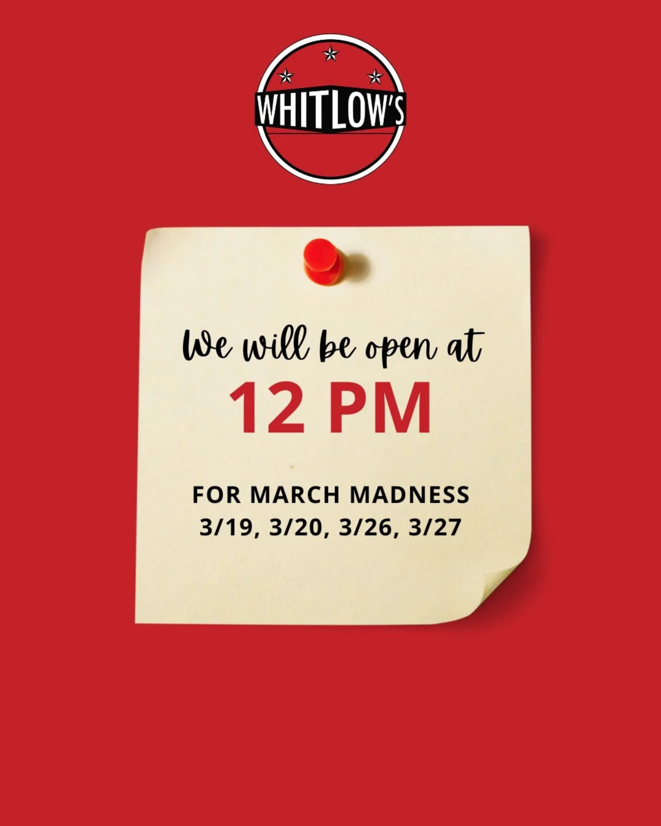 Both locations open at noon! 🏀 Come grab bucket and food specials during the tournament and fingers crossed your bracket doesn&rsquo;t bust.🤞