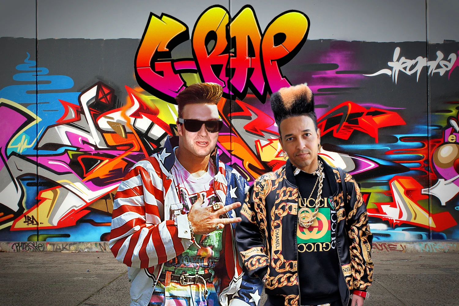 Poster for G-Rap - the fictional client for whom Gemma's working on a big presentation - in their heyday as rappers (in the show, they've become entrepreneurs).