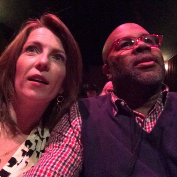 Here we are pretending to watch the screening before the lights go out. :)