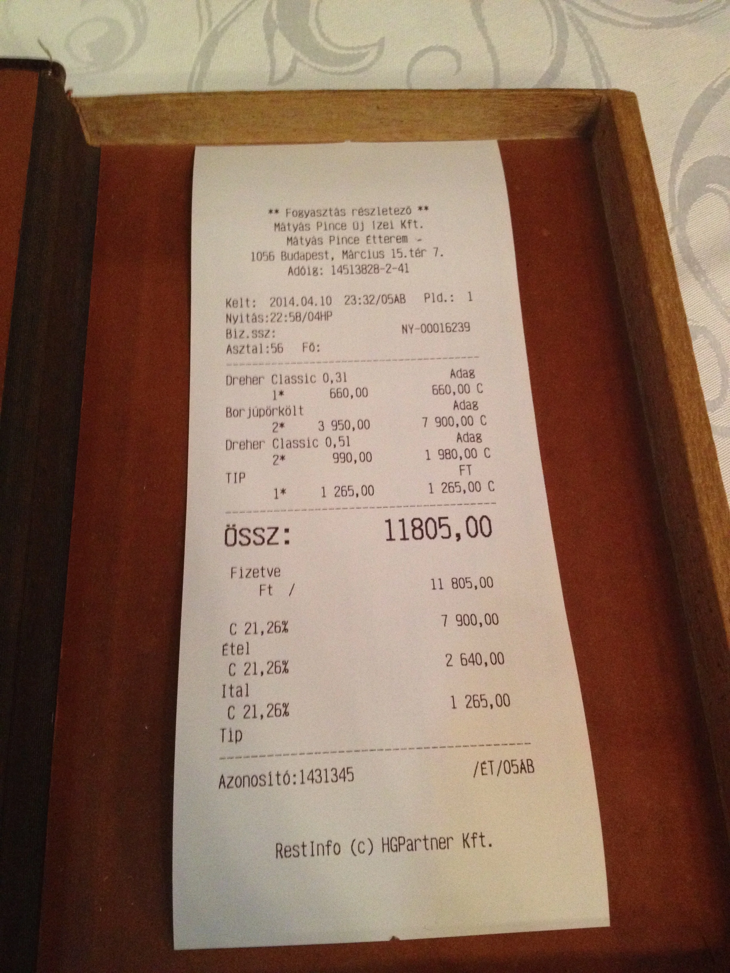 Our check (for two people) at Mâtyâs Pince -- I'm convinced the number of zeros makes Hungarian forints look like Monopoly money