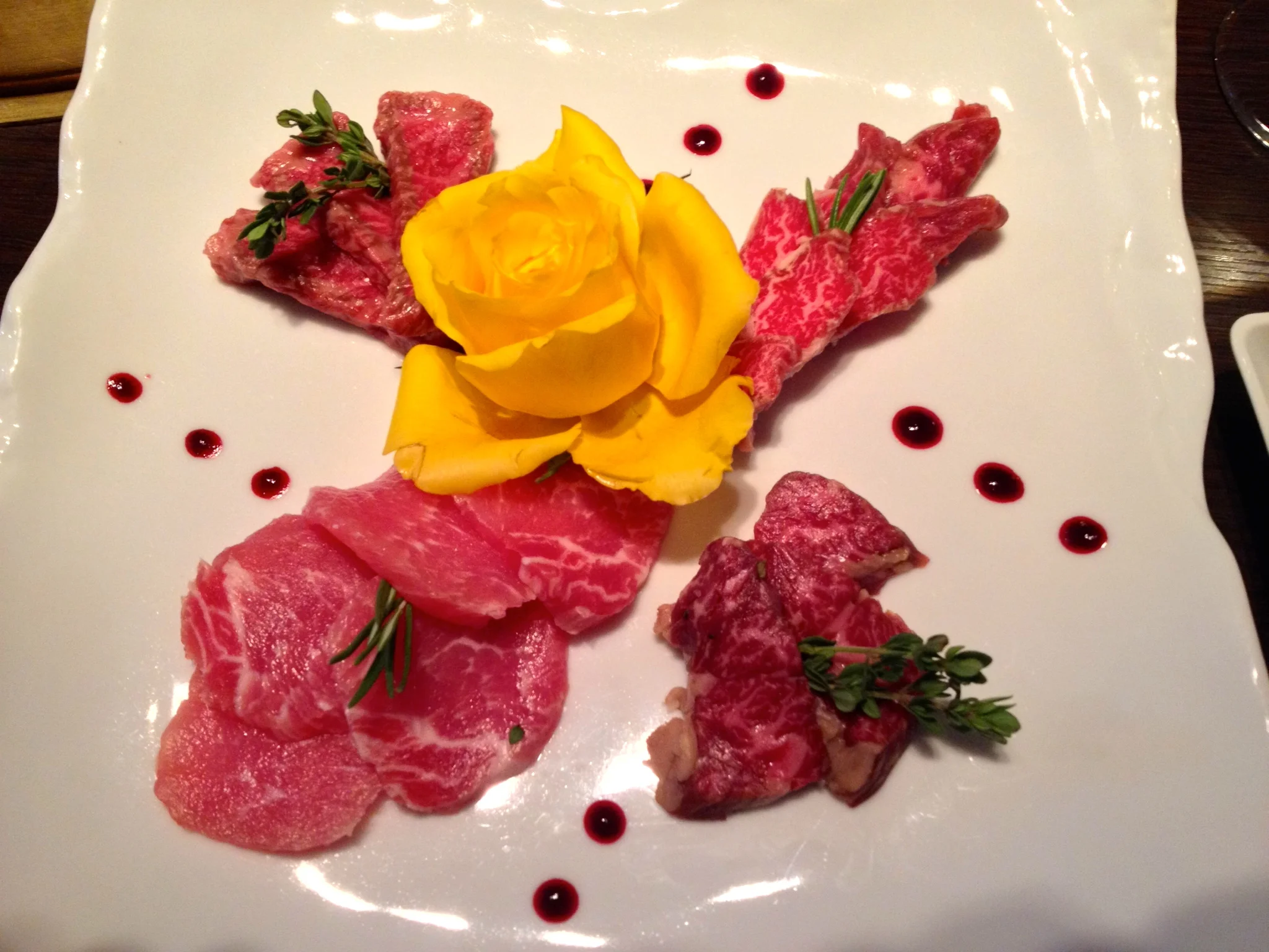 Spanish Ibérico pork, Wagyu beef flanksteak, and Wagyu beef rib meat