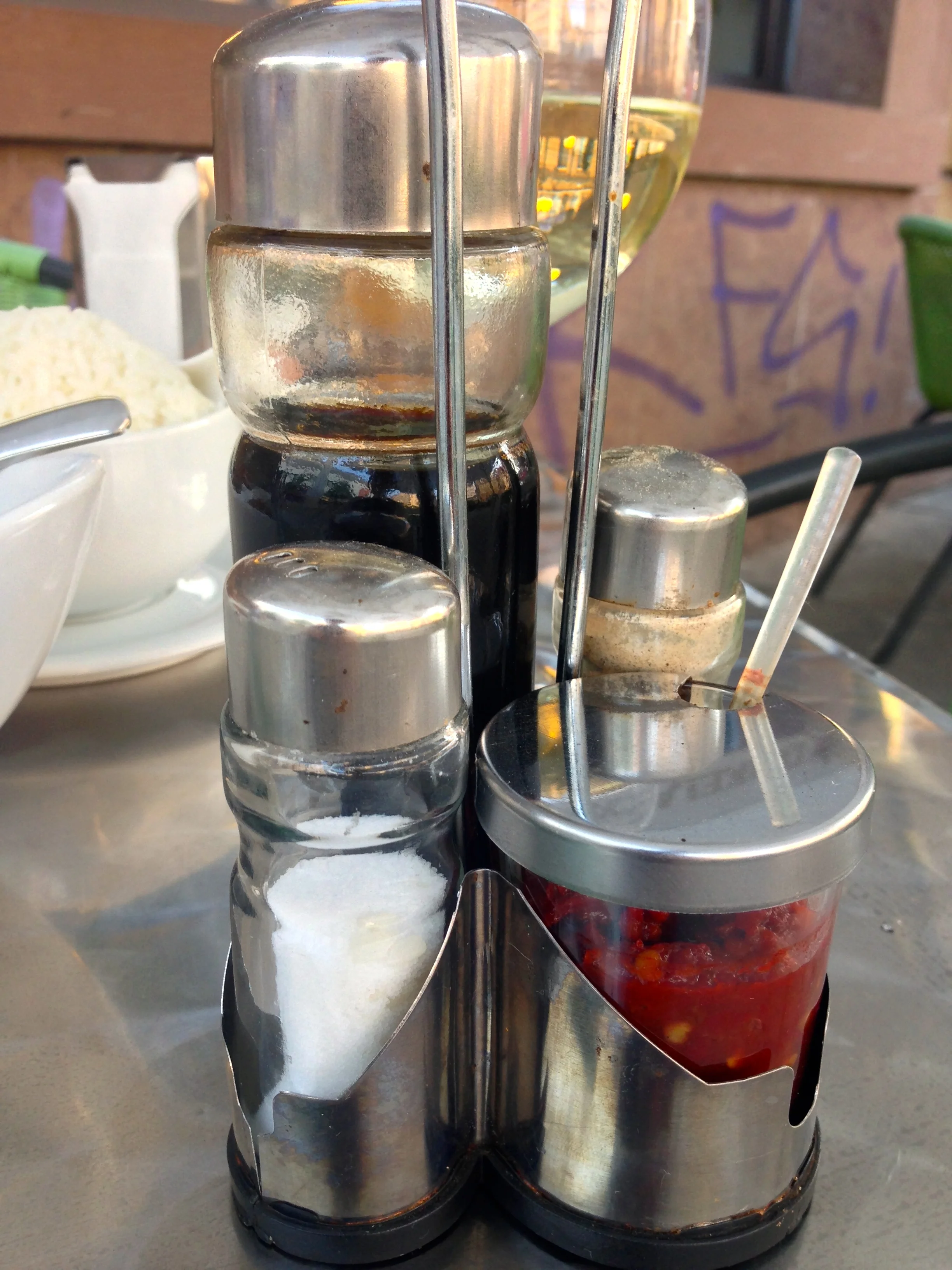 I can't enjoy a meal with the sauce caddy -- smokey soy sauce and chili sauce.