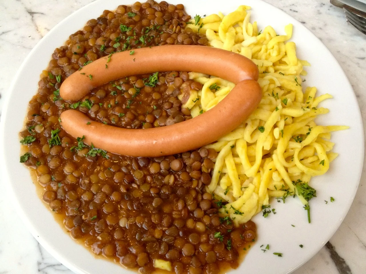 Traditional German Linsen und Spätzle at the Teehaus