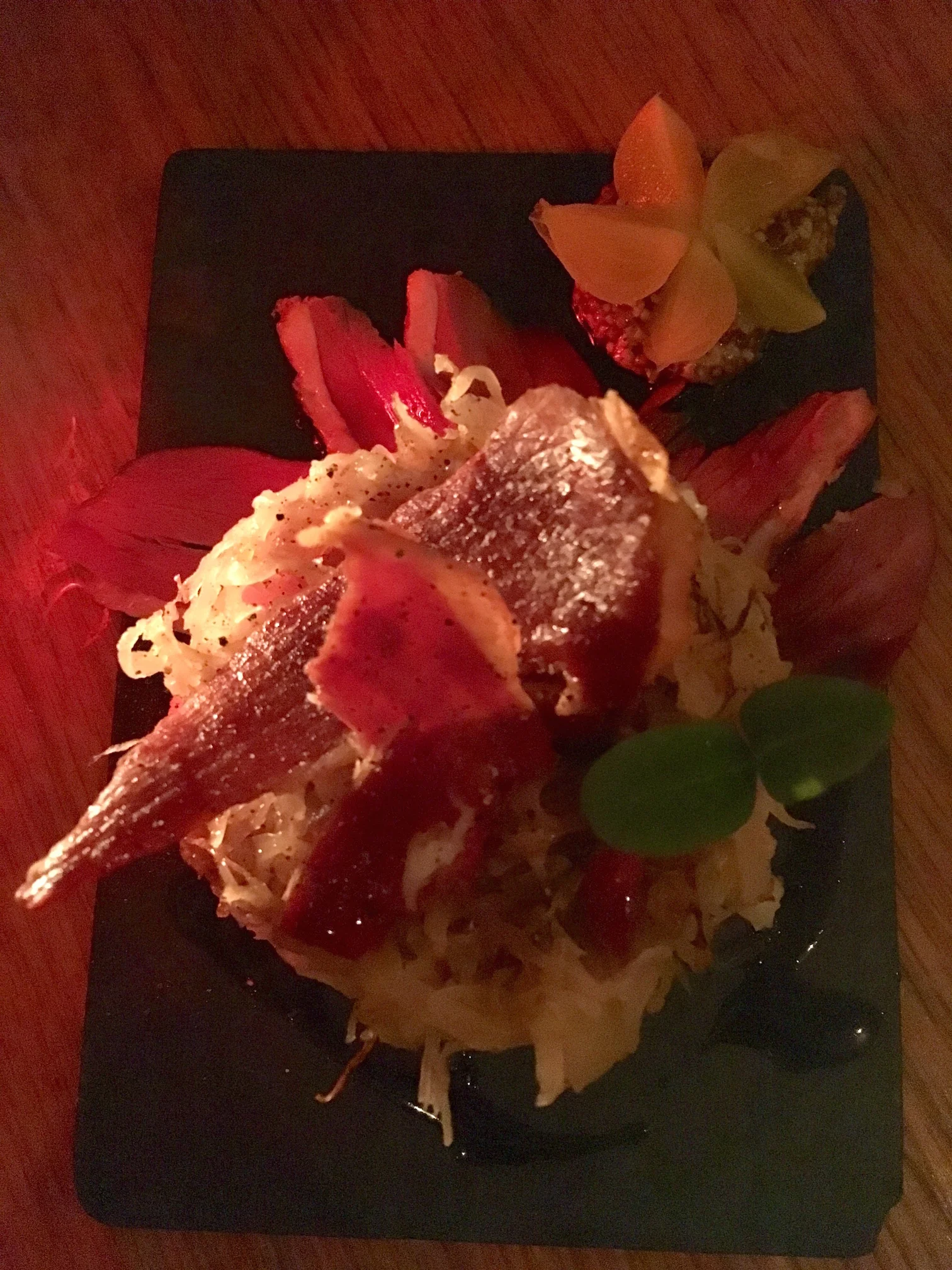 Sauerkraut and mashed potato with jamon Serrano shavings, smoked duck, and gravy of port wine at Boca's (Amsterdam)