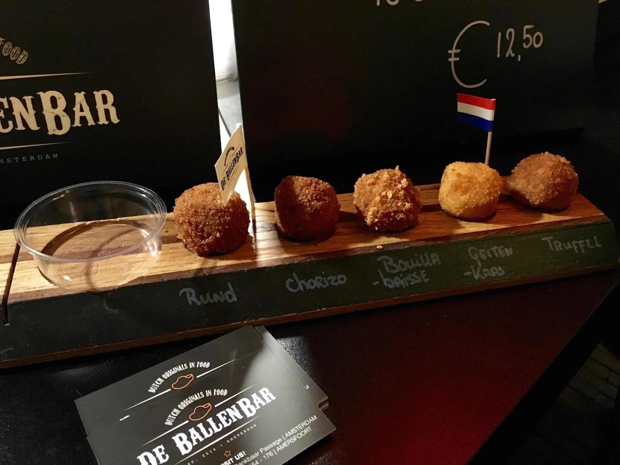 Bitterballen tasting, including beef, chorizo, bouillabaisse, goat cheese, and truffle at De Ballenbar (Amsterdam)