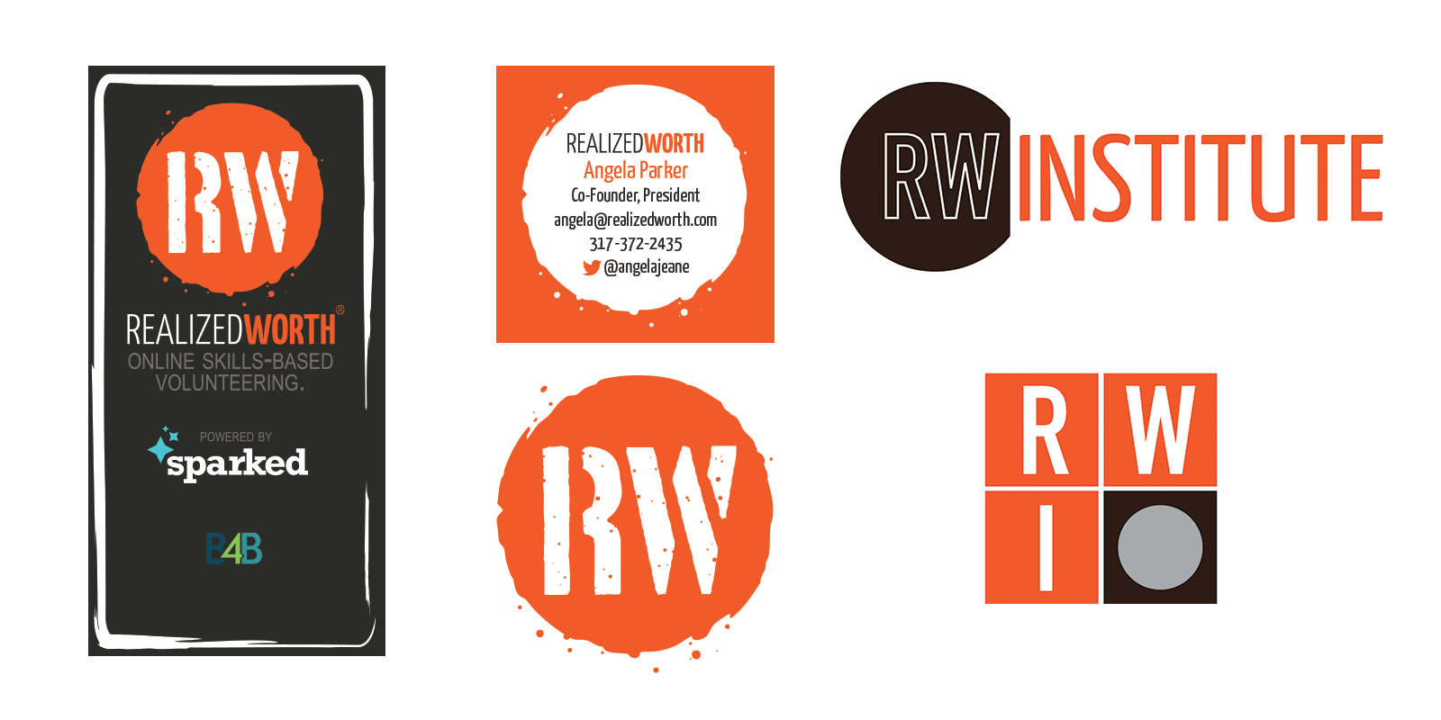 Banner, business cards, and logos for Realized Worth and the Realized Worth Institute