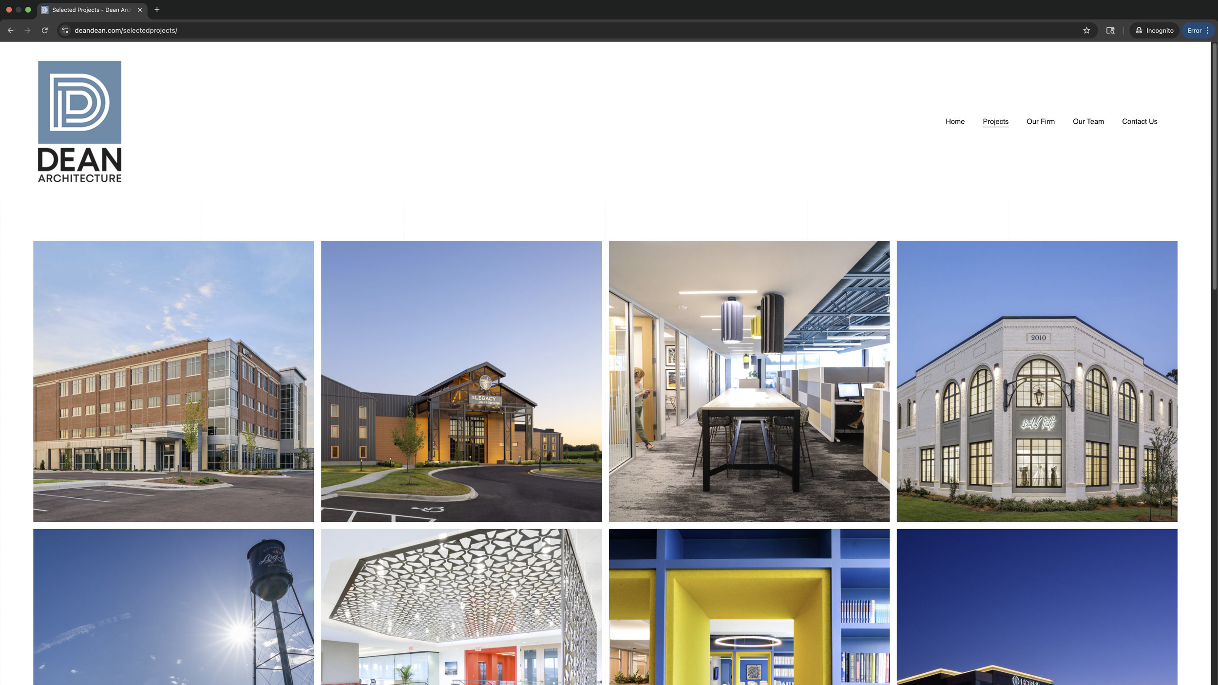 When Projects is clicked on in the navigation menu, it takes the user here. A hand selected group of projects that are more notable or recent. In the drop down menu, our projects are grouped by type: commercial, healthcare, retail, etc.
