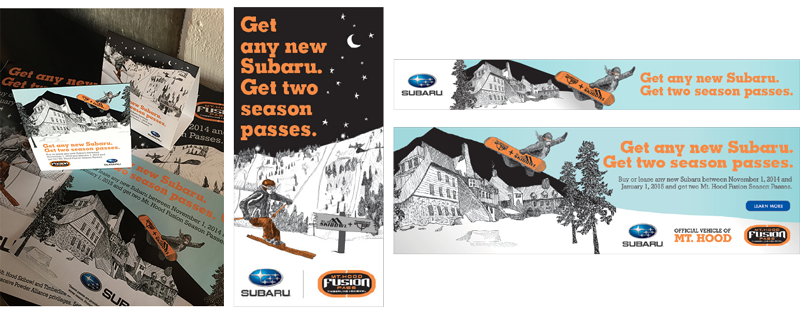 For the 2014-2015 campaign, I illustrated local iconic elements for both Timberline Lodge and Skibowl resorts. The hand done approach on a brand new Subaru Outback created an eye-catching juxtaposition for viewers to experience when the cars drove o