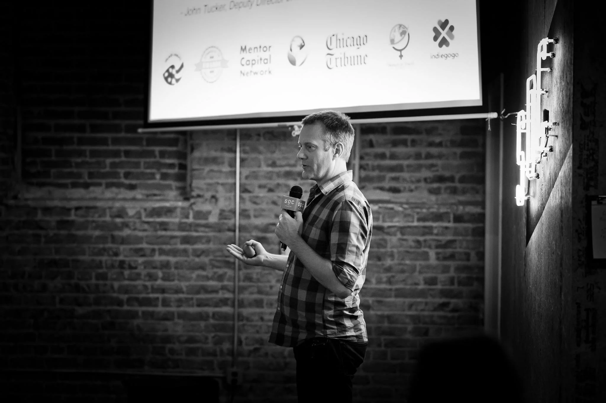 Jason Seagle, who can apparently be in two places at once, pitching his company, Vayando, while also taking a picture of himself. (Kidding! Bhargava Chiluveru with Chil Studios stepped in to help.) | PHOTO: Jason Seagle …