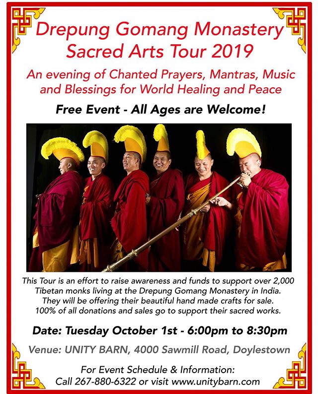 An evening with the Tibetan Monks from the Drepung Gomang Monastery At the Unity Barn on Tuesday October 1st - stop by anytime between 6pm and 8:30pm ☸️💓🌈🔥📿 🏳️&zwj;🌈🙏🏽🕉 #buddha #dharma #tibet #freetibet #tibetanmonks #sacredartstour #drepung