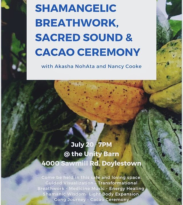 Shamangelic Breathwork with Sacred Sound and Cacao Ceremony 
Saturday July 20th, 7pm at the Unity Barn
Visit www.unitybarn.com for more information and to register. 💓🌕☕️🙌🏽🧘🏻&zwj;♀️🌙🌟
#buckscounty #unitybarn #shamanicbreathwork #cacao  #cacaoc