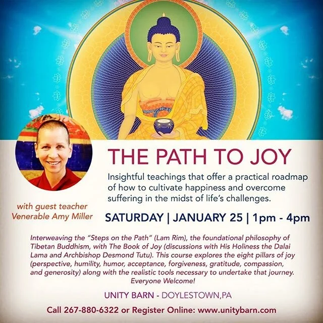 Join us on Saturday January 25th for teachings on living a joyful life filled with love and gratitude from Buddhist Nun Venerable Amy Miller @ajmiller108 
#buddha #dharma #meditate #doylestown #buckscounty #venamymiller #unitybarn #joy #everyonewelco