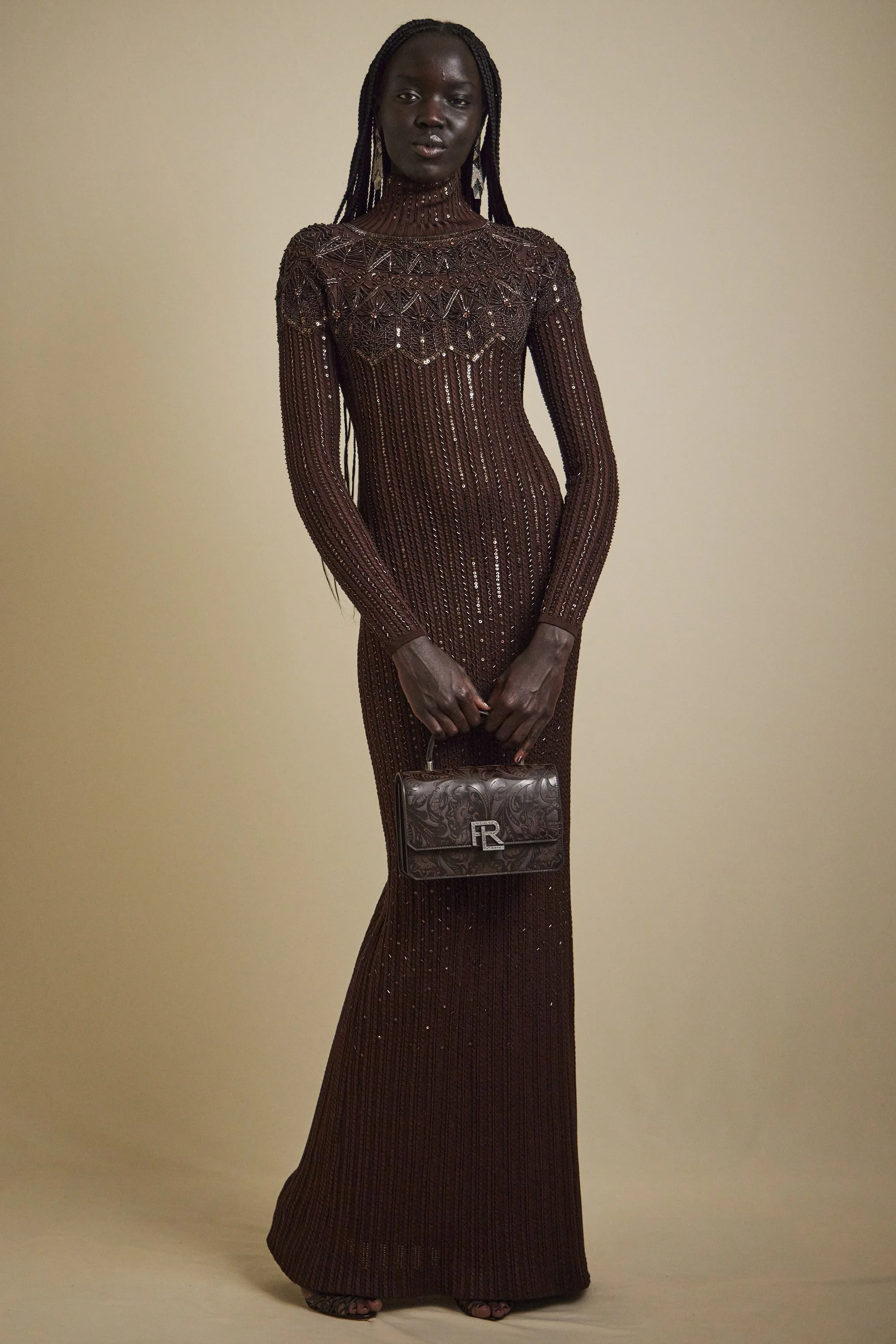 Pre Fall 2024 - silk embellished long sleeve mock neck dress