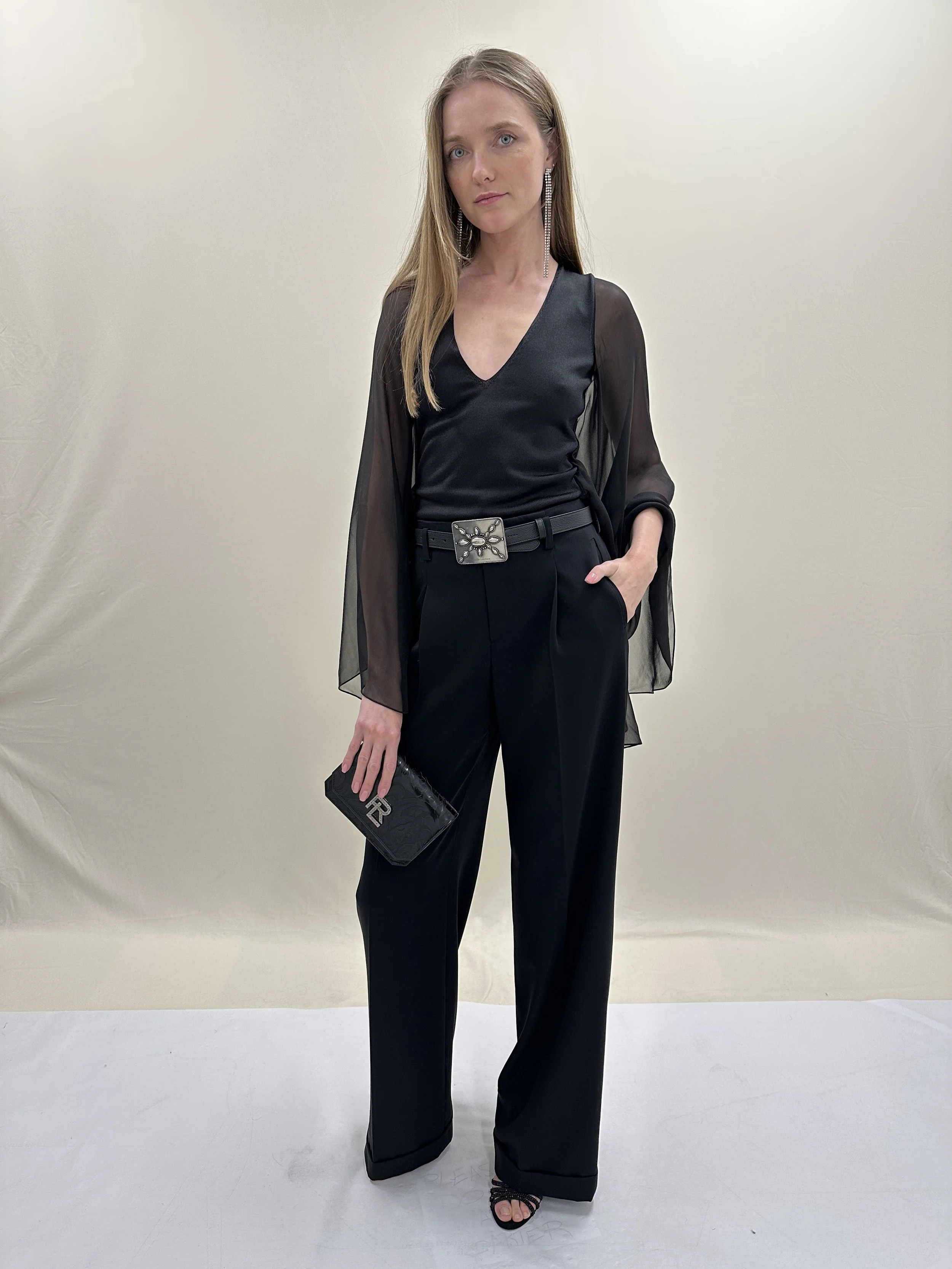 Pre fall 2024 - V neck tank top with sheer cape sleeve in matte viscose