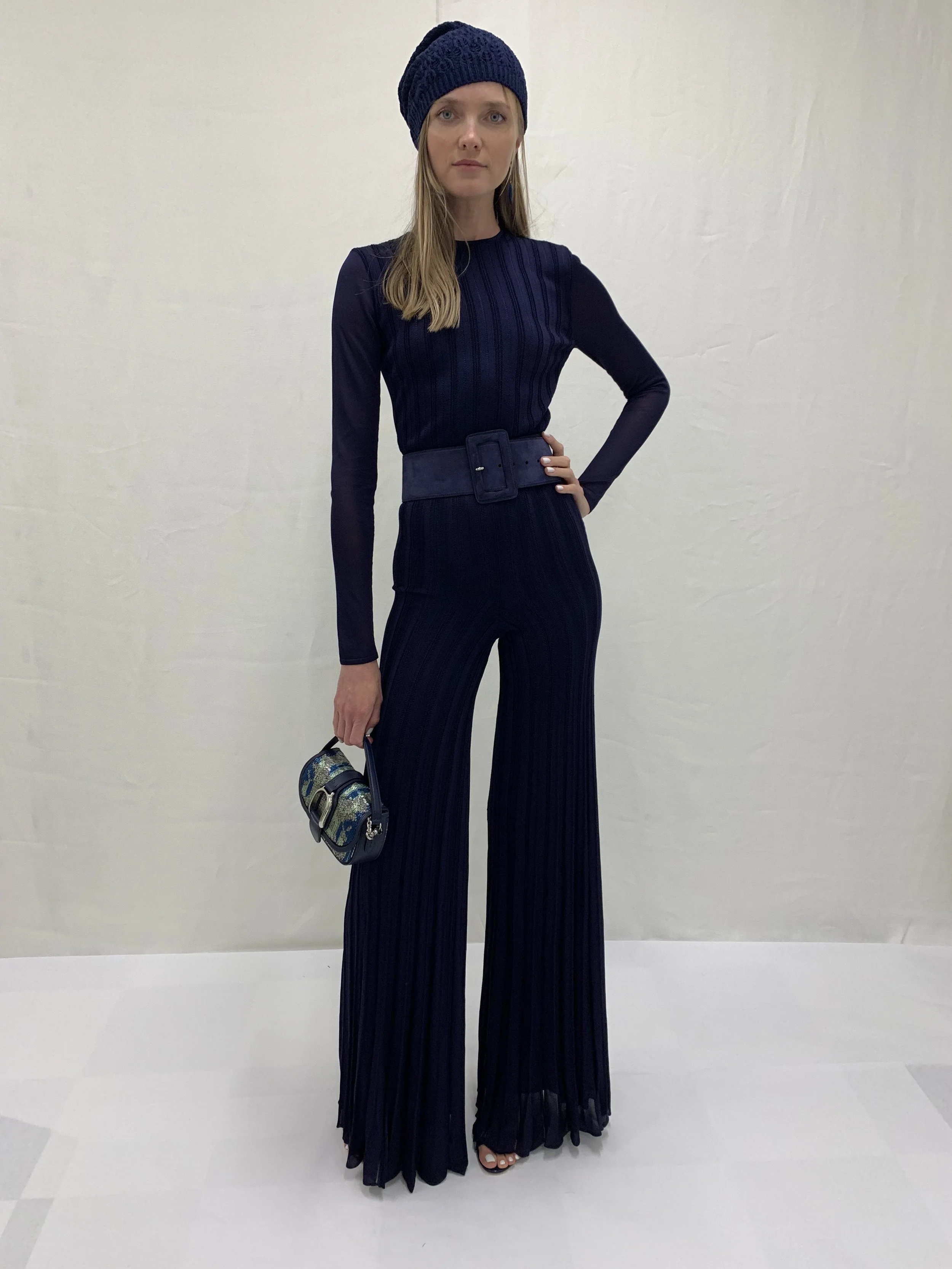 Spring summer 2023 - long sleeve rib stitch jumpsuit with flare hem in shiny viscose