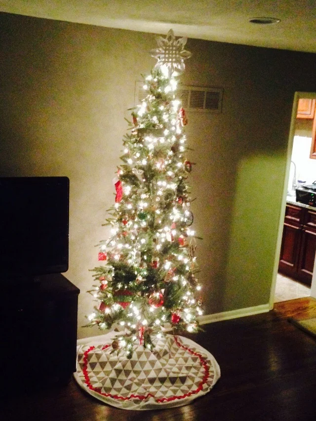 I made a new tree skirt this year. And a paper tree topper. Which looks crooked. Oops!