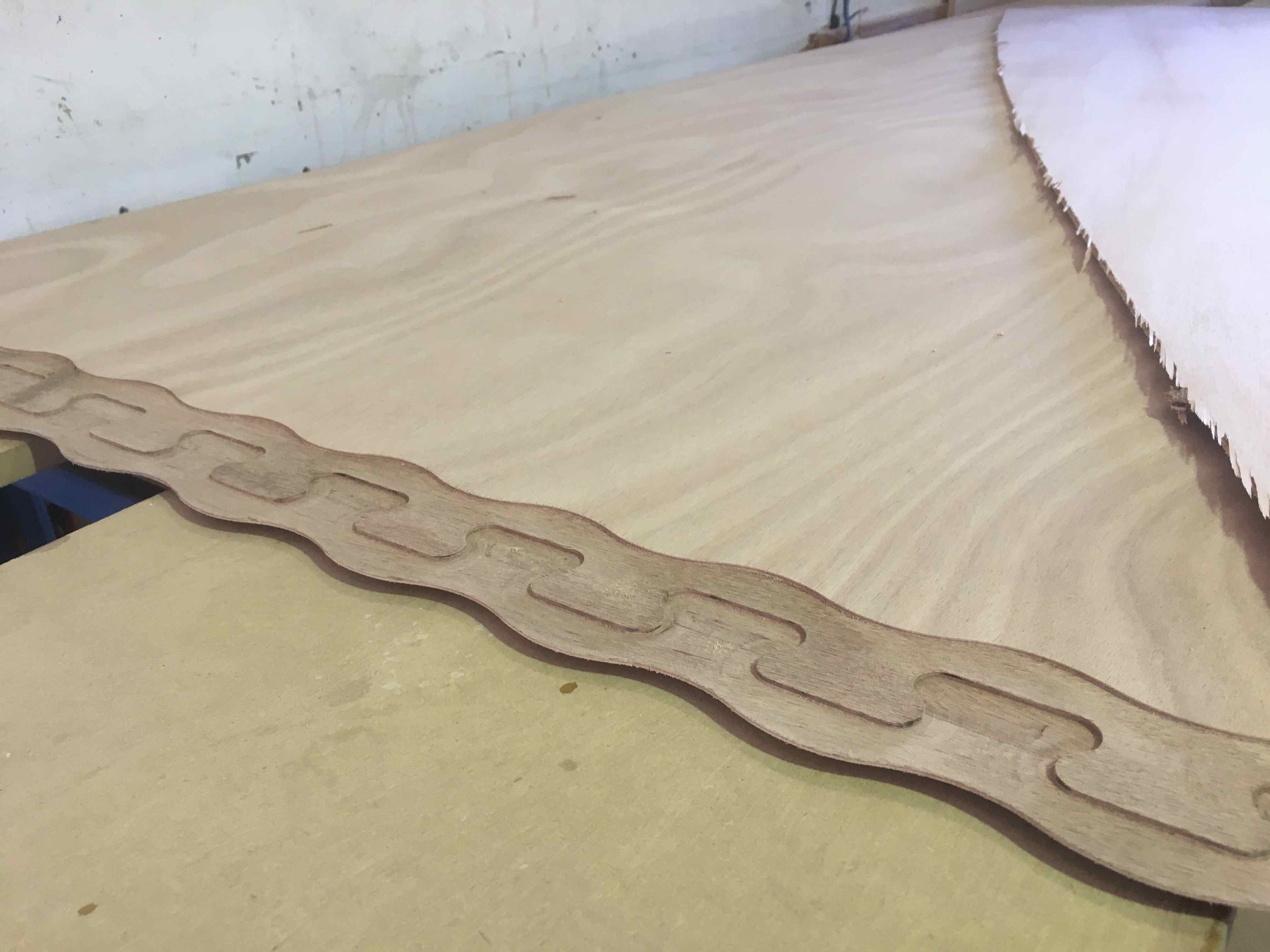 This picture shows the 3-d cnc scarf that Clint uses to join panels, this is the hull bottom.