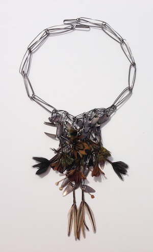 Bronze Bibb Neckpiece, ss, 14k, feathers