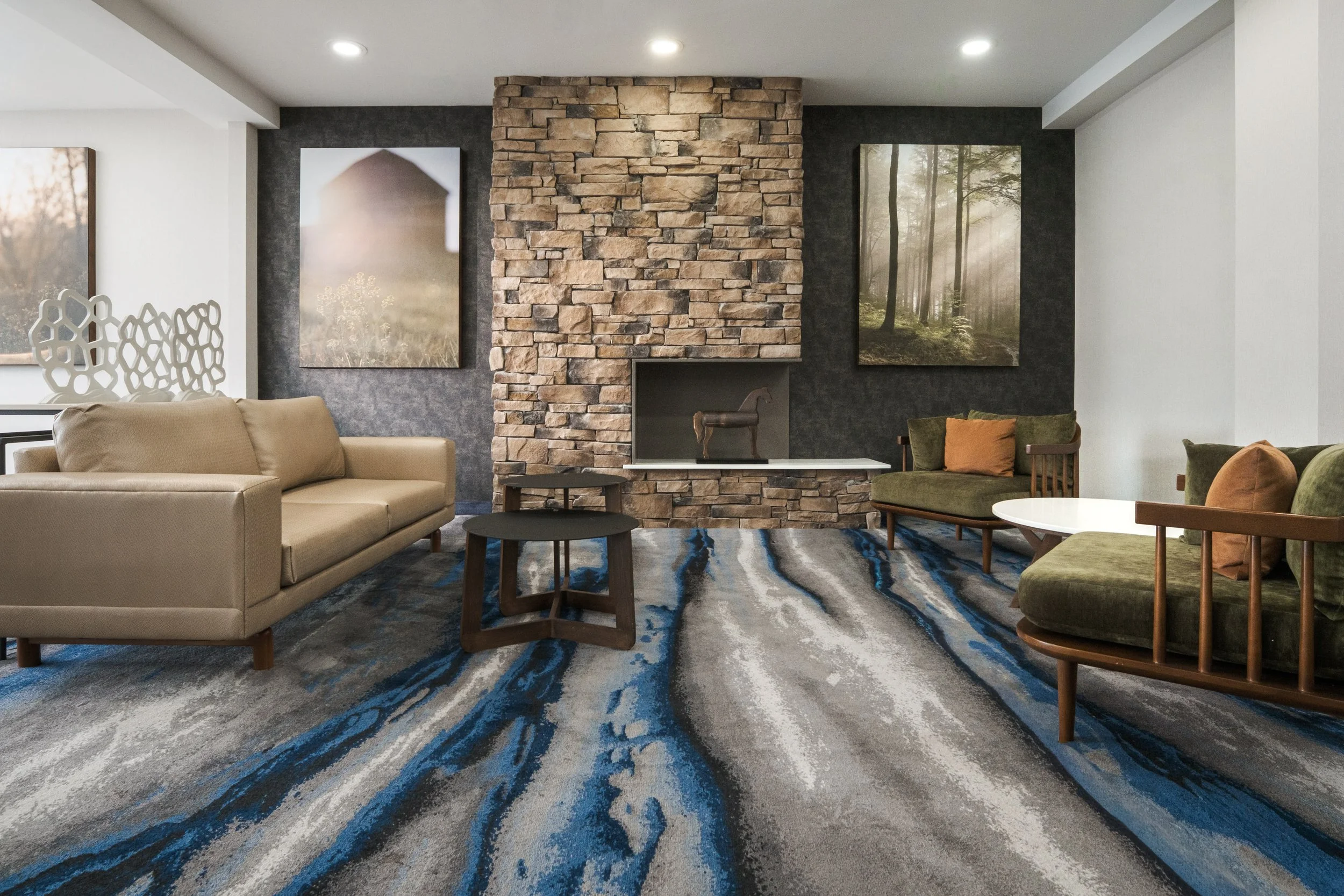  ORIGINAL FILENAME:  CHACL_5_Fairfield_lobbyseating.jpg  FILE NAME:  Lobby  PHOTO PLACEMENT TAG:  Search in DAC for: Lobby  CAPTION:  Lobby Seating  MARKETING CAPTION:  A stone feature wall, layered artwork, sofas, and lounge chairs create a comforta