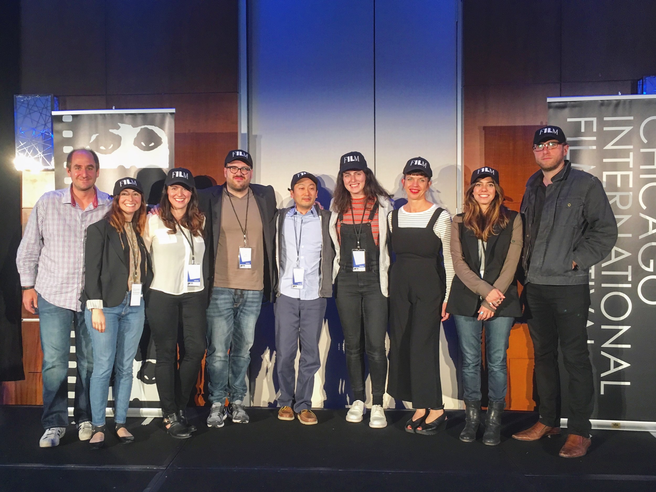 Left to right: Louis Ferrara (Illinois Film Office), Maria Abraham & Luz Agudelo Gipson ( Girl With Child ), Luke Boyce ( Revival ), Eugene Sun Park & Alex Heller ( The Year Between ), Sara Archambault ( Rainbow Farm ), Haroula Rose ( Once Upon A River ), J.P. Sniadecki ( Rainbow Farm )