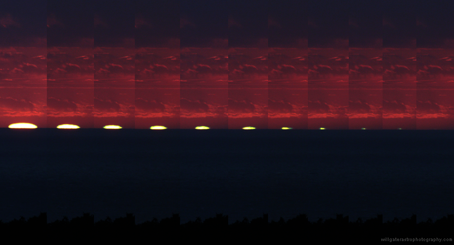 Montage showing the development of the green flash phenomenon