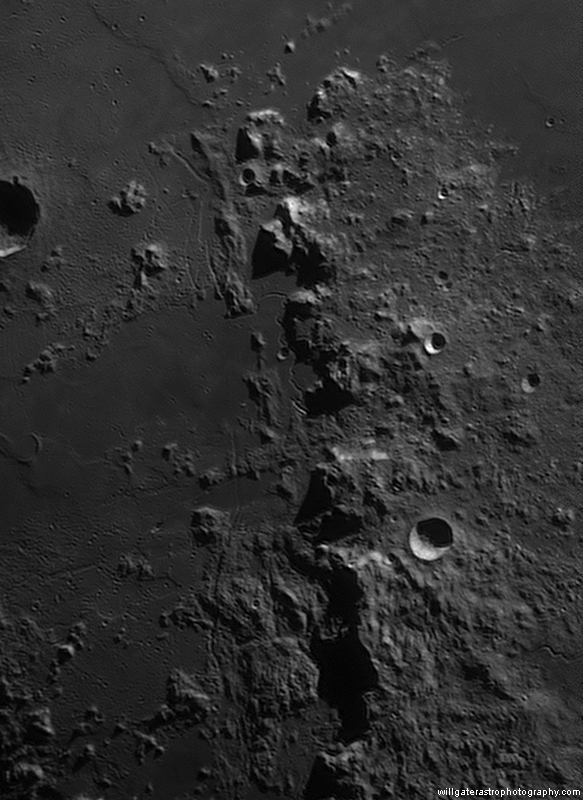 The Montes Apenninus featuring Rima Hadley, Rima Bradley, Rimae Fresnel and the craters Aratus & Conon