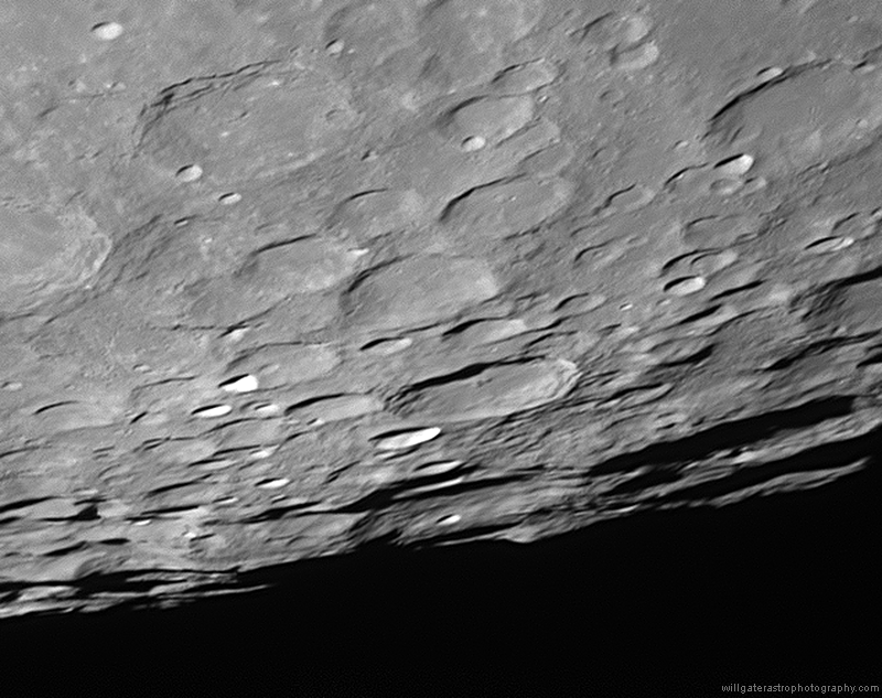 The region close to the lunar south pole showing the craters Schomberger (below centre), Scott (bottom), Simpelius (centre) and Curtius (top left)