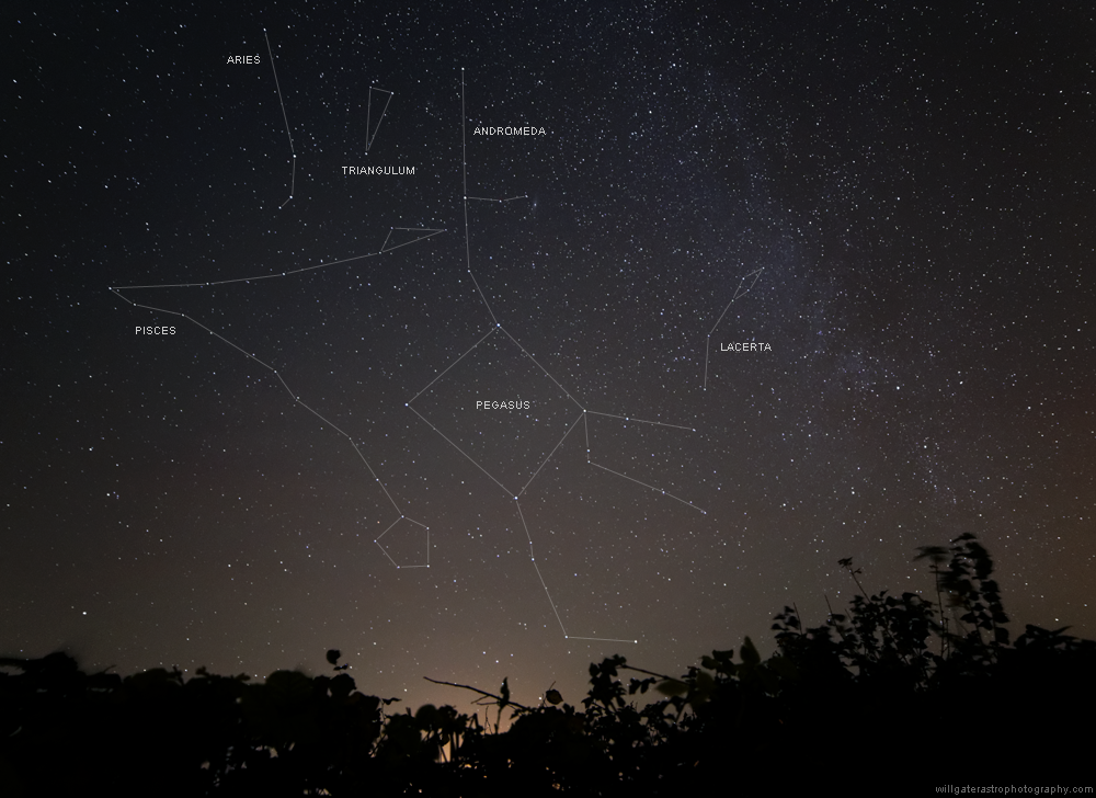 The constellations Pegasus, Pisces, Lacerta, Andromeda (with M31), Triangulum & Aries
