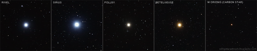 The different star colours of the winter sky - including the bright stars Rigel, Sirius, Pollux, Betelgeuse and the carbon star W Orionis