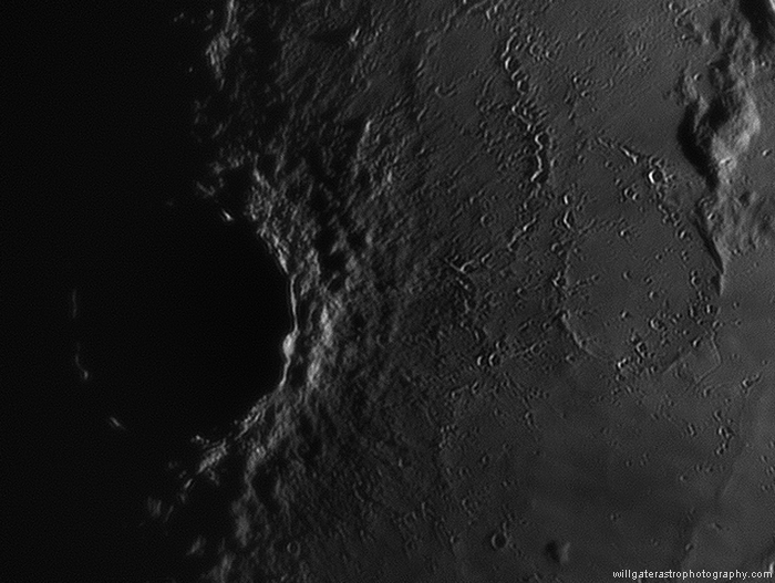 The eastern ejecta blanket of Copernicus on the terminator and the ghost crater Stadius