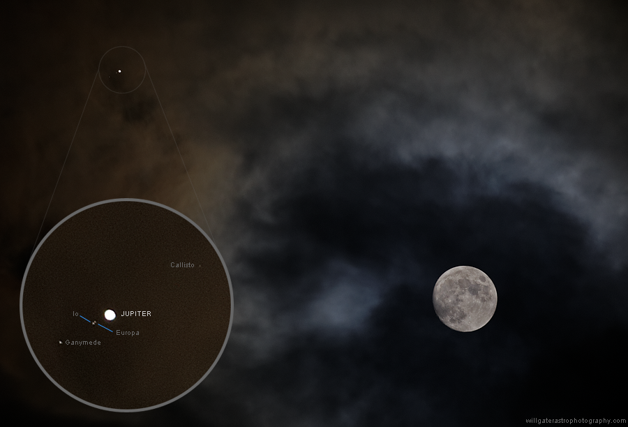 The Moon, Jupiter & all four Galilean moons (single exposure) - 21 March 2016
