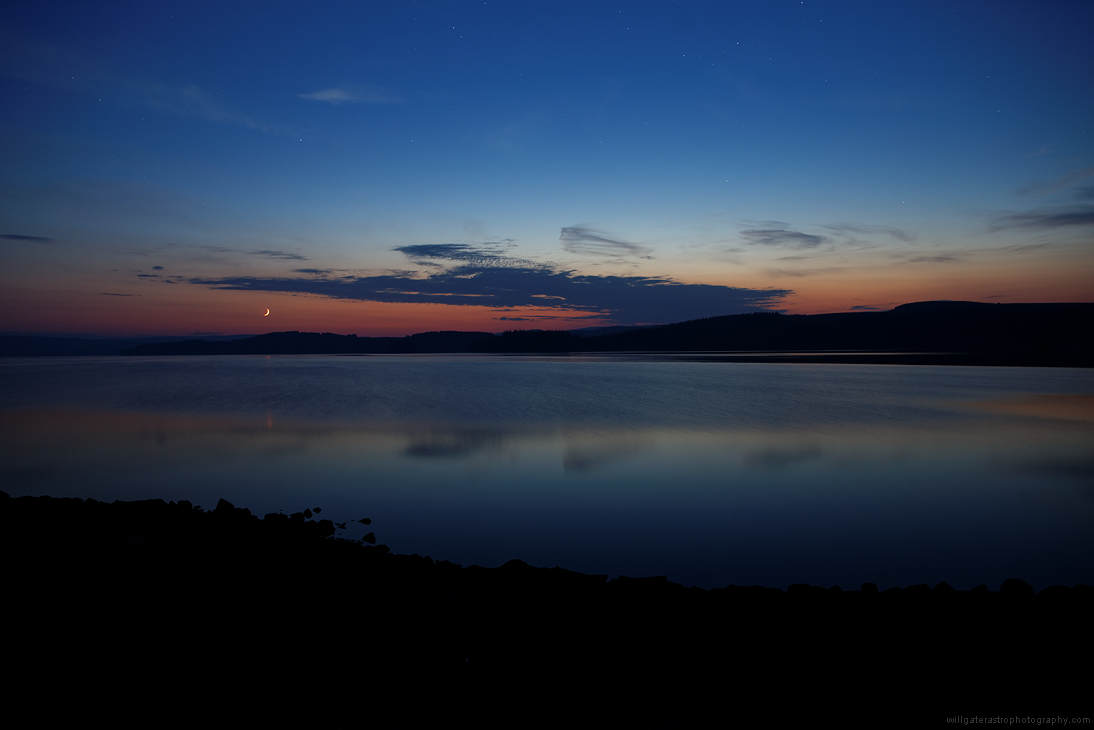 Twilight moonset & stars over Kielder Water, Northumberland