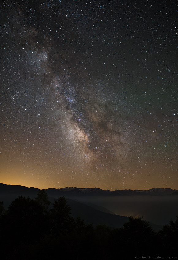 The summer Milky Way (with green airglow at right) over the Pyrenees mountains - July 2016