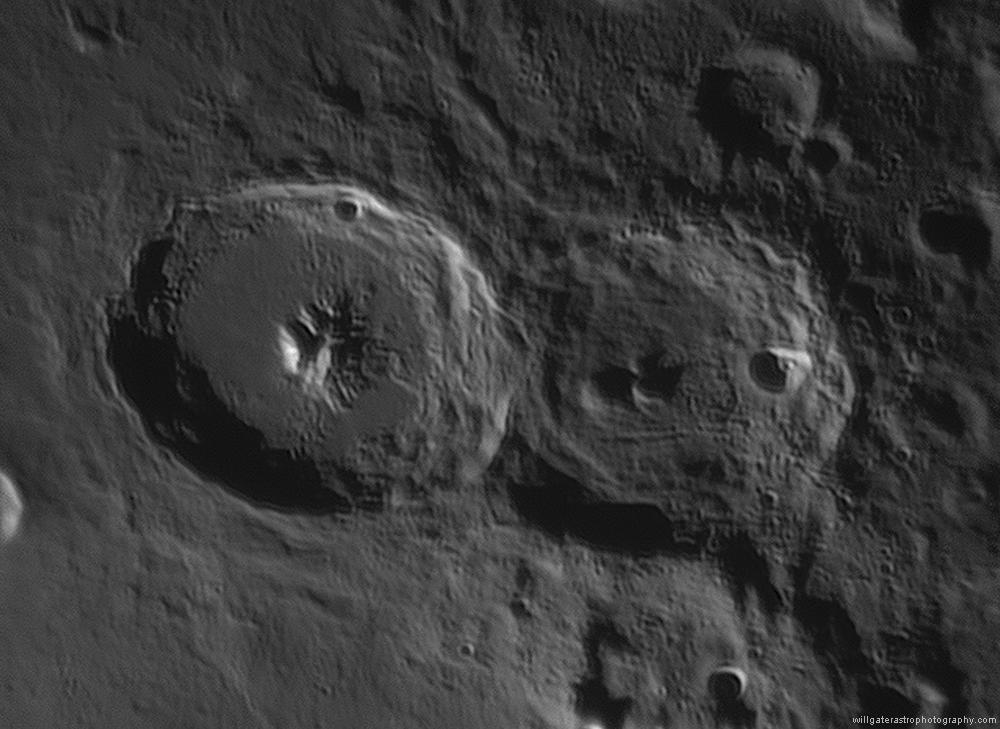 Craters Theophilus & Cyrillus showing Theophilus' prominent central peak mountains - 2 April 2017
