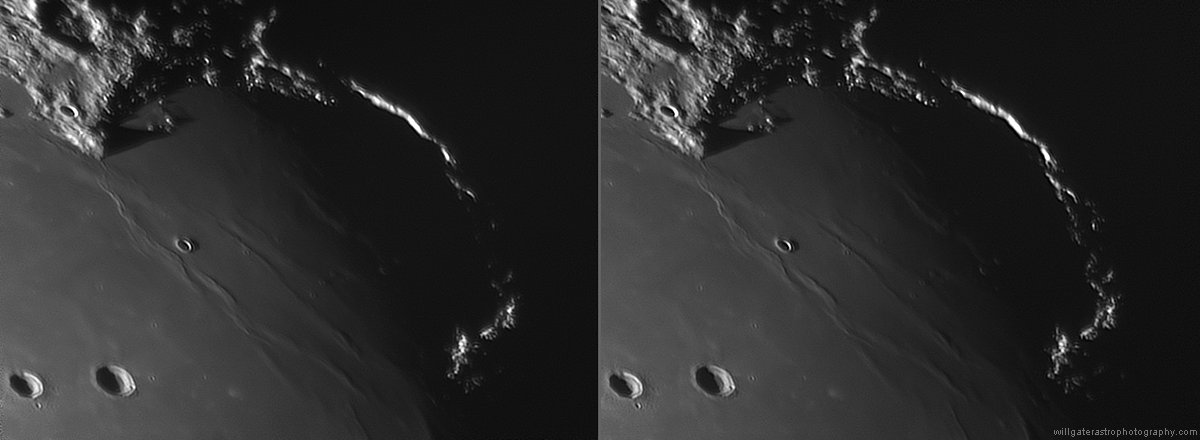 Changes in illumination of the Sinus Iridum/Montes Jura as the morning sun rises creating the 'Jewelled Handle' - 21:42UT (left) and 22:21UT (right), 6 April 2017