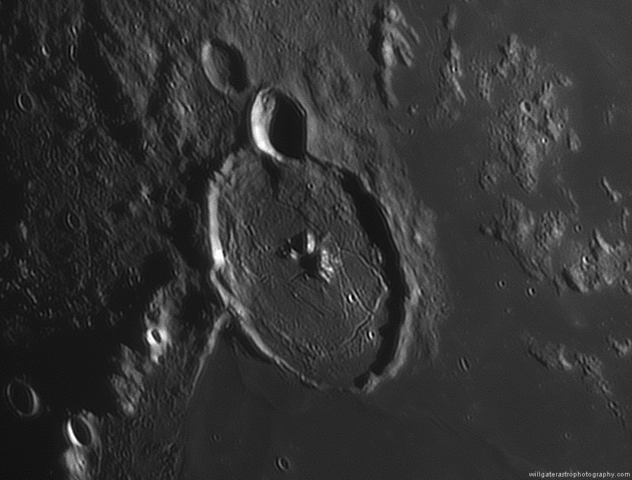 Crater Gassendi showing the Rimae Gassendi as well as the craterlets Gassendi P (2km) and Gassendi M & N (both 3km across) - 7 April 2017