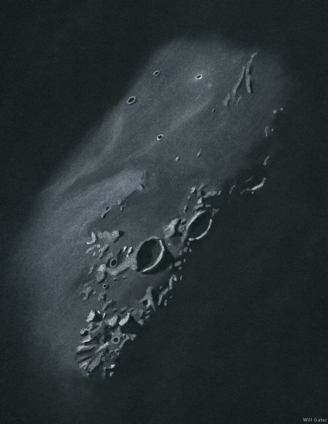 Pastel pencil sketch of the region around lunar craters Billy & Hansteen - 7-8 May 2017. Made at the eyepiece of an 8" SCT with a 9mm Plössl eyepiece.