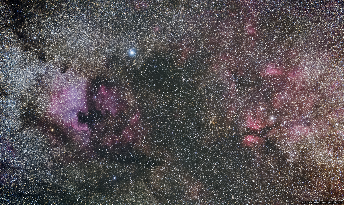 The North America Nebula (NGC 7000), the bright star Deneb and nebulosity around the star Sadr