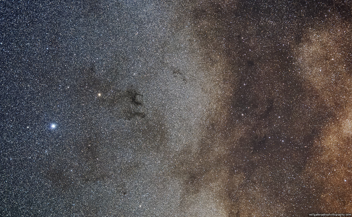 Milky Way dust lanes & star fields with Barnard's 'E' and the bright stars Altair and Tarazed