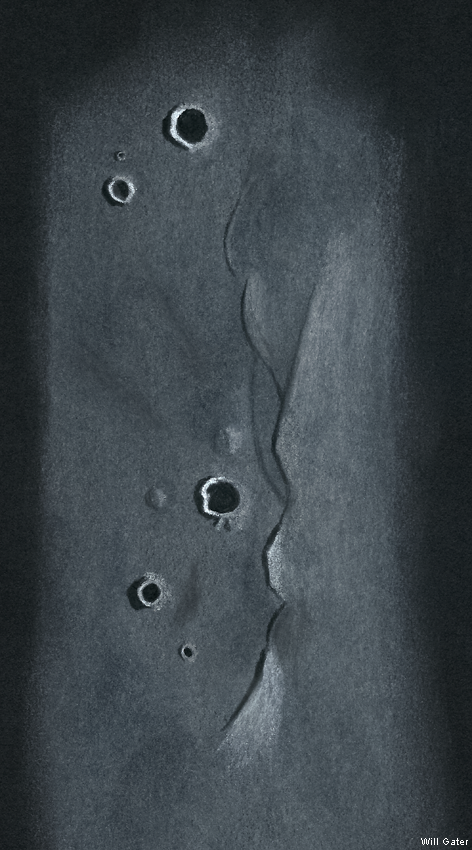 The volcanic domes Arago Alpha & Beta (below centre) & a series of wrinkle ridges near crater Arago - 24 November 2017, pastel pencils on black card. Equipment: 8" SCT, 26mm Plossl & 3x Barlow.