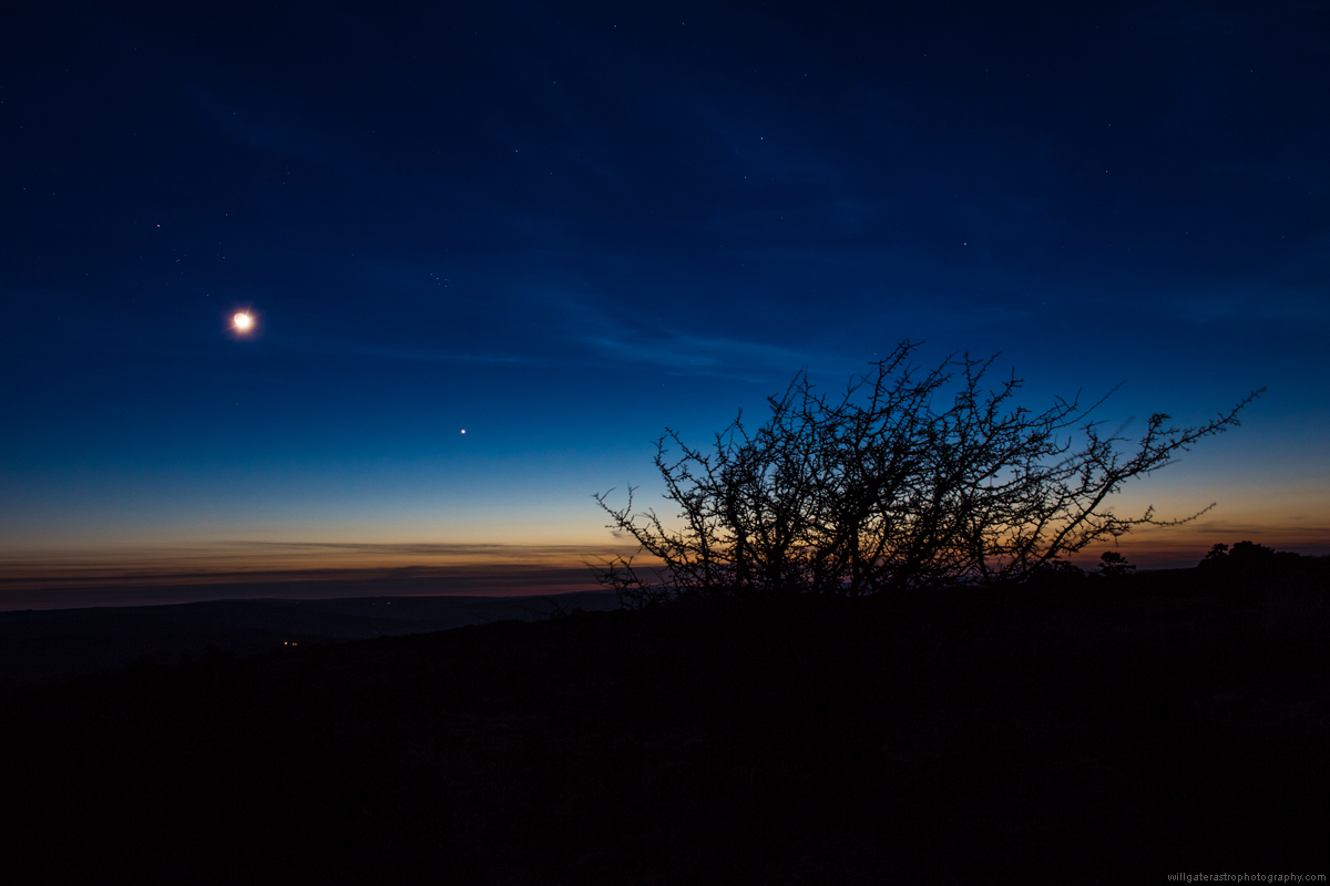 The Moon, Venus and the Hyades and Pleiades star clusters over Exmoor National Park - 18 April 2018