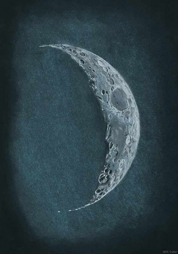 An impression of the crescent Moon in deep evening twilight - sketched at the eyepiece (a 40mm Plossl) of an 8" SCT with pastel pencils and black card - 19 April 2018