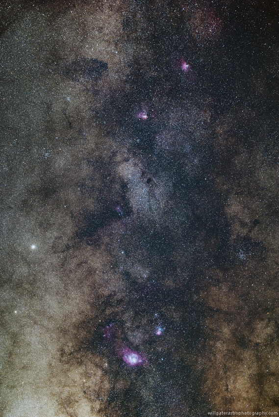 Milky Way starfields from the Lagoon & Trifid Nebulae (M8 & M20) toward the Swan & Eagle Nebulae (M17 & M16). Also shown are the star clusters M21, M23, M24, M25, M18, NGC 6604 & NGC 6645.