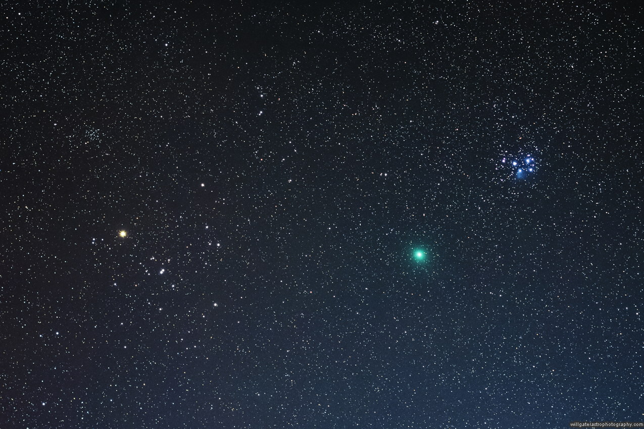 Comet 46P/Wirtanen in the moonlight with the Pleiades star cluster (M45) & the Hyades star cluster - 15 December 2018
