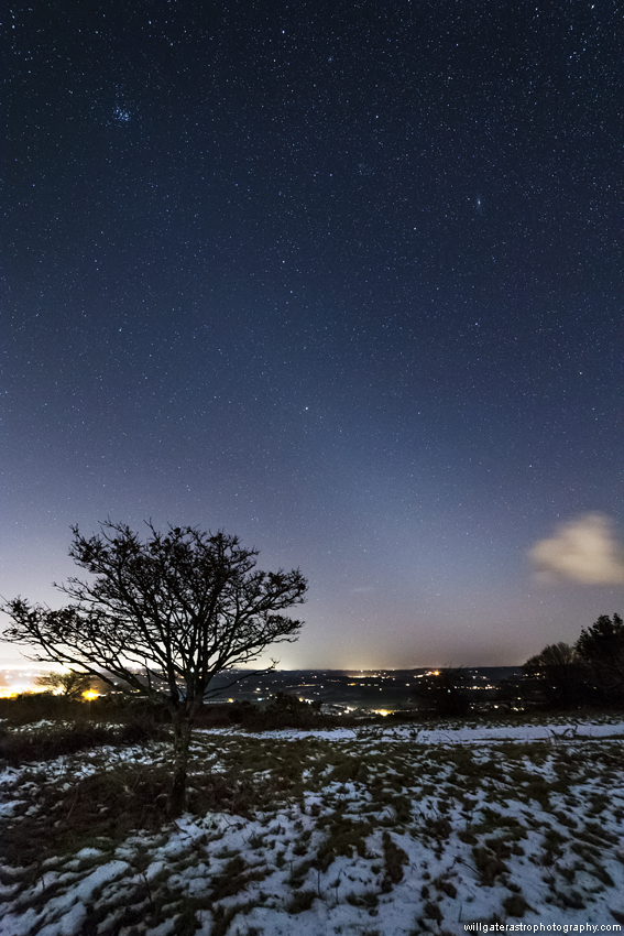 The Zodiacal Light over Somerset, UK. Also visible are the Andromeda Galaxy (top right), the Pleiades star cluster (top left) & Mars (centre) - 30 January 2019